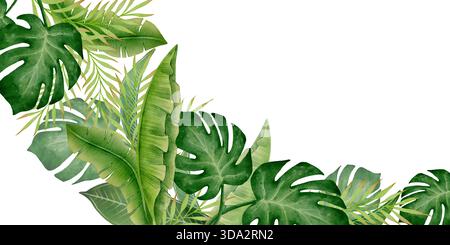 Aquarellraster-Bannerrahmen mit tropischen Monstera, Palmen und Bananenblättern auf weißem Hintergrund, ideal für Sommereinladungen, Grußkarten, Poster, Website-Überschriften und botanische Dekorationen. Stockfoto