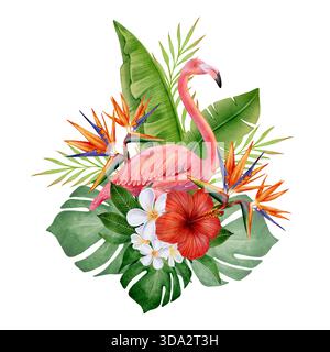 Tropischer Flamingo in Wasserfarben mit Hibiskus, Plumeria-Blüten und grünen Blättern. Exotische Sommerillustration für Poster, Karten, Textildrucke, Einladungen, botanische Themen und Urlaubsdesigns Stockfoto