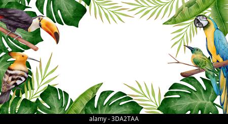 Tropischer Rahmen mit exotischen Vögeln, Palmen und Monsterablättern auf weißem Hintergrund, Rasterillustration, perfekt für Sommereinladungen, Grußkarten, Poster, botanisches und Urlaubsdesign. Stockfoto