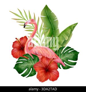 Tropische Komposition mit Flamingo, Hibiskusblüten und üppig grünen Blättern. Botanisches Sommerdesign auf weißem Hintergrund für Karten, Drucke, Textil- und Urlaubsdekoration. Stockfoto