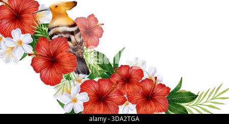Aquarellbanner Rahmen mit tropischem Wiedehopf Vogel, roten Hibiskusblüten, Plumeria und üppigen Blättern auf weißem Hintergrund, ideal für Sommereinladungen, Grußkarten, Poster und botanische Dekoration. Stockfoto