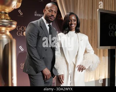 (L-R) Marlon Wayans und Skye P. Marshall bei der Ankündigung der 83. Jährlichen Nominierungen für Golden Globes im Beverly Hilton in Beverly Hills, KALIFORNIEN am Montag, 8. Dezember 2025. (Foto: Sthanlee B. Mirador/SIPA USA) Stockfoto