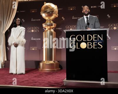 (L-R) Skye P. Marshall und Marlon Wayans bei der 83. Jährlichen Golden Globes Nominierung im Beverly Hilton in Beverly Hills, CA am Montag, 8. Dezember 2025. (Foto: Sthanlee B. Mirador/SIPA USA) Stockfoto