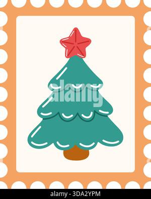 Weihnachtspostmarke mit Tannenbaum, rotem Sternenschmuck, orangefarbenem perforiertem Rand. Vektorabbildung mit flachem Stil. Ideal für Weihnachtspost, Weihnachtspapier und festliche Wintermotive. Stock Vektor