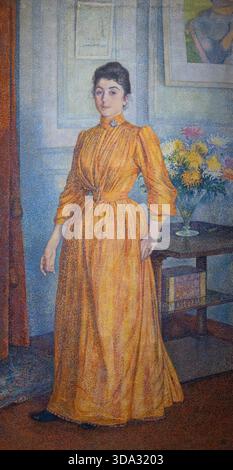 Theo van Rysselberghe „Maria van Rysselberghe-Monnom“ 1892; Theo van Rysselberghe Gemälde eines Porträts seiner Frau und Schriftstellerin Maria Monnom. Belgischer neo-impressionistischer Maler im neo-impressionistischen oder pointillistischen Stil, Gemälde des 19. Jahrhunderts. Ölgemälde auf Leinwand. Stockfoto