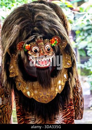Traditionelles Barong-Kostüm mit komplizierter Maske und Pelz, draußen. Stockfoto