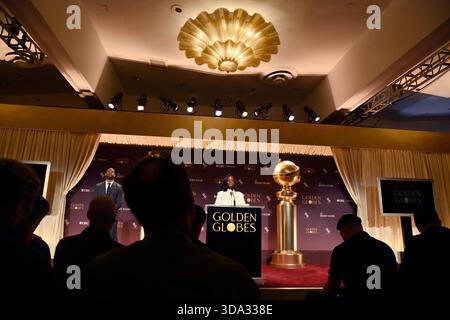 Beverly Hills, Usa. Dezember 2025. Marlon Wayans (L) und Skye P. Marshall geben Nominierungen für die 83. Jährlichen Golden Globe Awards in Beverly Hills, Kalifornien, am Montag, den 8. Dezember 2025 bekannt. Die Golden Globes werden am Sonntag, den 11. Januar, um 20 Uhr ET auf CBS ausgestrahlt und auf Paramount übertragen. Foto: Jim Ruymen/UPI Credit: UPI/Alamy Live News Stockfoto