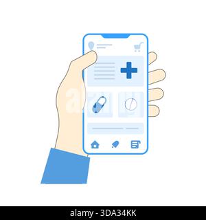 Menschliche Hand hält Smartphone mit Apotheken-App auf dem Bildschirm. Flacher geometrischer Stil. Stock Vektor