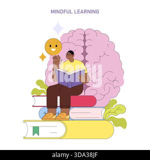Vektorillustration einer Person, die Bücher liest, mit einem großen Gehirn im Hintergrund. Die Szene repräsentiert achtsames Lernen mit Schwerpunkt auf Bildung und Konzentration. Stock Vektor