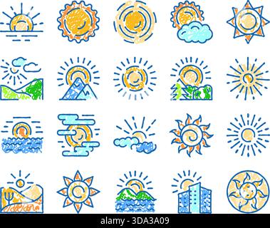 Die Symbole der Sonnenskizze stehen für Wetter und Natur Stock Vektor