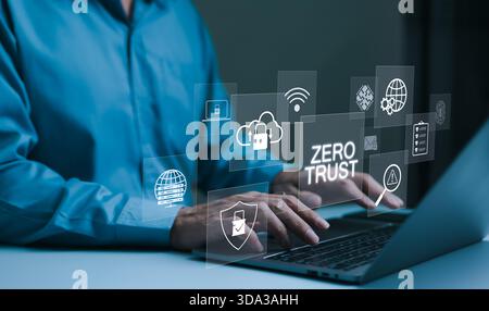 Zero Trust Security-Konzept. Eine Person tippt auf einem Laptop mit virtuellen Symbolen, Sicherheit ohne Vertrauen, Cloud-Schutz und Sicherheit von Geschäftsinformationen Stockfoto