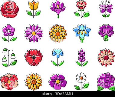 Verschiedene bunte Blumensymbole auf weiß Stock Vektor