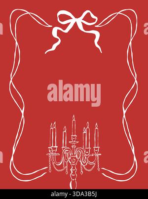 Weihnachtskartenschablone mit Schleifenrahmen, Vintage-Kandelaber mit Kerzen und Perlen und Platz für Text. Ein roter Vintage-Rahmen mit Schleife ist perfekt für Hochzeit, Valentinstag, Geburtstag und Menü. Vektorkontur, Abbildung. Stock Vektor