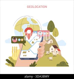 Abbildung eines Geolokationsvektors, der eine Hand zeigt, die ein mobiles Gerät mit einer Positionsnadel auf einer digitalen Karte hält. Neben der Karte werden Symbole von Personen angezeigt, die soziale Konnektivität darstellen. Stock Vektor