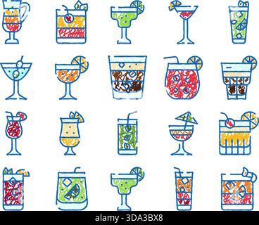 Handgezeichnete Cocktails Alkohol Getränk Getränke Icons Set Stock Vektor