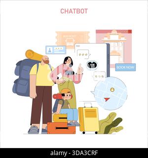 Vektorillustration von Reisenden, die einen Chatbot auf einem Smartphone zur Reiseplanung verwenden. Mit Koffer, Rucksack, Karte und Buchungselementen. Engagierte Ausdrücke zeigen Entdeckungsfreude. Stock Vektor