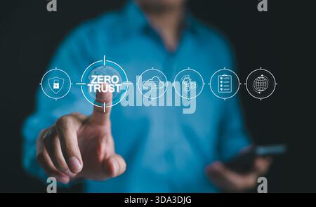 Zero Trust Security-Konzept. Geschäftsmann Touch virtuelle Symbole Zero Trust Sicherheit, Cloud-Schutz, Sicherheit für Geschäftsinformationen Netzwerk, Shields, Co Stockfoto