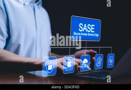 SASE Secure Access Service Edge Technology-Konzept. Schnittstelle SASE, Secure Access Service Edge, Symbole zur Netzwerksicherheit, Kennwort, Cloud-Server Stockfoto