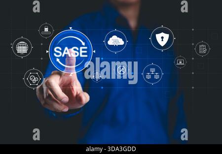 SASE – Secure Access Service Edge Technology-Konzept. Schnittstelle SASE, Secure Access Service Edge, Symbole zur Netzwerksicherheit, Kennwort, Cloud s Stockfoto