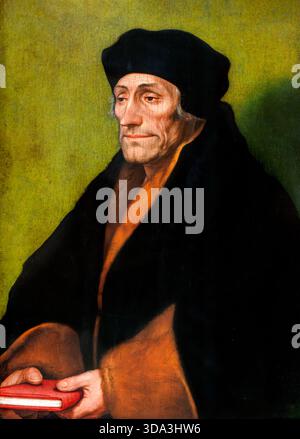 Erasmus. Porträt von Desiderius Erasmus Roterodamus (1466–1536), bekannt als Erasmus von Rotterdam, ein niederländischer Humanist der Renaissance, katholischer Priester, Sozialkritiker, Lehrer und Theologe. Gemälde von Hans Holbein dem Jüngeren, Öl auf Holz, um 1530 Stockfoto