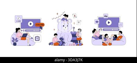 Vektor-Illustration von Kindern, die an digitalen Aktivitäten und Spielaktivitäten beteiligt sind. Kinder interagieren mit Videoinhalten, Plüschspielzeug und genießen Freizeit mit positiven Emotionen und Kreativität. Stock Vektor