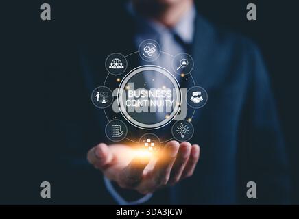 Business Continuity Management-Konzept. „Business Continuity“ mit Icons Strategie, Risikobewertung und Betriebsplanung. Plan zur Aufrechterhaltung des Geschäftsbetriebs Stockfoto