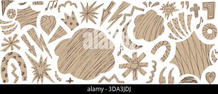 Abstrakte Collage-Ausschnitte Hintergrund. Geometrische und organische Figuren Set. Notennotiz, Sterne, Pfeile, Herzkritzelaufkleber mit Buntstift Stock Vektor