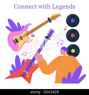 Bunte Vektor-Illustration einer Person, die sich mit elektrischen Gitarren verbindet. Schallplatten und schwebende Noten unterstreichen das musikalische Thema und verkörpern eine lebendige, kreative Atmosphäre. Stock Vektor