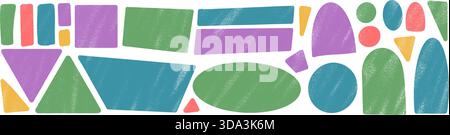 Mehrfarbige geometrische Textfelder. Ungleichmäßiger geometrischer Formsatz. Textbox unregelmäßige kindliche Rahmen. Unterstreichen Sie Hervorhebungen, Kreis- und quadratische Figuren. Vektor Stock Vektor