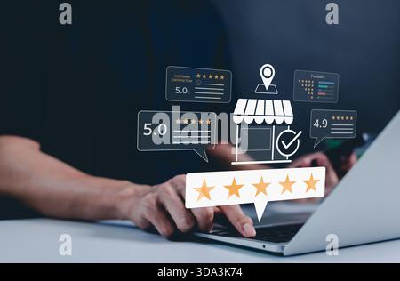 Kundenfeedback und Kundenzufriedenheitsbeurteilung. Bewertungen und Bewertungen von Kundenfeedback und Zufriedenheitsbewertungen. Geschäftsqualität, Stockfoto