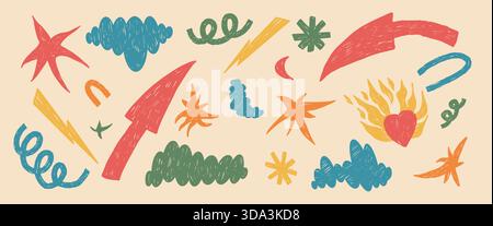 Handgezeichnete Kreide-Scribble-Formen und abstrakte geometrische Figuren. Verspielte Collage-Aufkleber. Bunte Glocken, Sterne, Pfeile und Kritzeleien bilden ein flippiges DE Stock Vektor