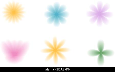 Blume y2k-Symbole mit unscharfen Farbverläufen in leuchtenden Farben. Set mit Blumensymbolen mit Aura-Textur. Pinkfarbene, grüne und violette Sommerschilder. Vektoren Stock Vektor