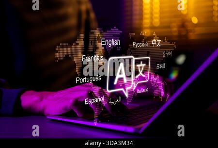 Mehrsprachige Übersetzung, Kommunikationskonzept. Mann mit Laptop mit Symbolen in verschiedenen Sprachen, globale Übersetzung, mehrsprachige Technologie Stockfoto
