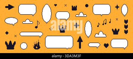 Pixeldialogfelder eingestellt. 8-Bit-y2k-Sprechblasen-Set. Spielpixelart Chat-Textfelder mit Krone, Musiknotiz, Pfeilen. Vektor-Talk-Frames Ballons mes Stock Vektor