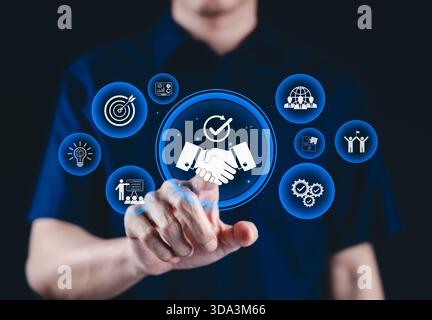 Vertrauenswürdige Partnerschaft und Business Collaboration-Konzept. Geschäftsleute interagieren mit digitalen Handshake-Symbolen, repräsentieren Vertrauen, Teamwork, erfolgreich Stockfoto