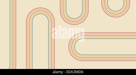 Grooviger Regenbogenhintergrund mit geometrischen Linien. Abdeckung in gewellten Streifen in Vintage-Farben. Verspieltes Design mit Wellenbogen. Vektor Retro Beige Wackelschnabel Orname Stock Vektor