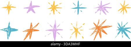 Pastellpinsel handgezeichnete Sterne. Buntstift-Funkenset. Bleistift Scribble Tinkles Kollektion. Die Aufkleber für Kinder blinken. Weihnachten kindliches Blau, ihr Stock Vektor