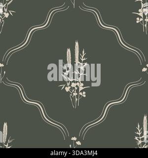 Niedliches, nahtloses Blumenmuster mit Silhouetten von Wildkräutern auf der Wiese. Blume Vektor Illustration Hintergrund. Print im rustikalen Vintage-Stil Stock Vektor
