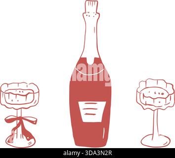 Prosecco-Flaschen und skurrile Gläser Coquette Junggesellinnen-Party-Set. Wein, Bogencocktail-Kritzeleien. Rote Hand gezeichnete mediterrane Drink Tast. Skizzengi Stock Vektor