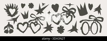 Paar herzförmige Medaillen Silhouette Papierausschnitt. Papier-Collage-Rahmen für Text mit Knall-Beschriftung. Handgezeichneter Aufkleber mit Krone, Stern, Schleife Kritzelel Stock Vektor