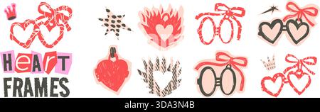 Herz- und ovaler Medaillenrahmen mit Buntstift-Details. Vektorpaar Charms. Collage-Collage-Designs mit handgezeichneten Doodle-Mustern. Feiern Sie Stock Vektor