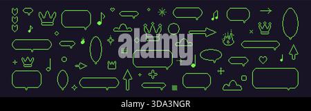 Pixel-Dialogfelder. 8-Bit-Retro-grüne Sprechblasen, Konturen festgelegt. Spielpixelart Chat-Textfelder mit Krone, Musiknotiz, Pfeilen. Vektor-Sprechbilder Stock Vektor