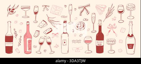 Wein und Käse skurrile Kokette Set mit Flasche, Glas. Handgezeichnete Skizzen für Partymenü, Restaurantdesign oder Weinverkostungen. Vecto Stock Vektor