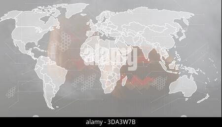 Anzeige einer weiß umrandeten Weltkarte mit grauer Kulisse mit roter Heatmap, Hexen und Knoten Stockfoto