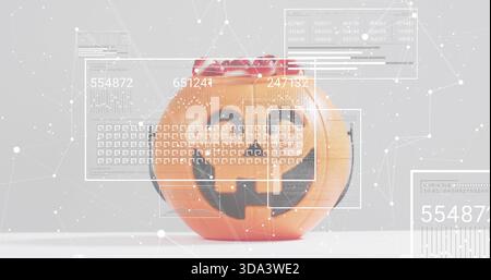 Sitzender orangener Kürbiseimer, schwarzes Jack-o'-Laterne-Gesicht, roter Rand auf weißem Studiotisch, HUD-Panel Stockfoto