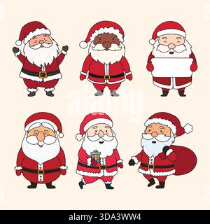 Weihnachtsmann-Cartoons-Set. Niedlicher Weihnachtsmann Charakter in verschiedenen Posen mit Geschenk, Tasche, Plakat halten, winken, lächeln. Stock Vektor