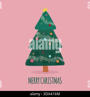 Frohe Weihnachtsgrußkarte in Rosa mit einem grünen flachen Weihnachtsbaum mit Lametta und Kugeln. Ideal für Grußkarten, soziale Beiträge, Einladungen und Stock Vektor