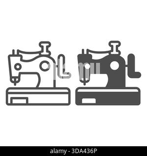 Nähmaschine mit Gewinde Spulenlinie und solidem Symbol, Nähwerkzeugkonzept. Vektorgrafiken. Maschine zum Sticken, Ausrüstungsschild auf weißem Backgr Stock Vektor