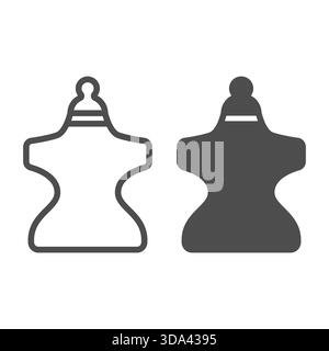 Plastik-Schaufensterpuppe für Wäscheleine und festes Symbol, Design-Konzept zum Nähen. Vektorgrafiken. Schaufensterpuppe mit dem Zeichen der Körperfigur auf weißem Hintergrund, Umrisse s Stock Vektor