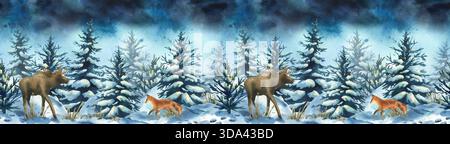 Nahtlose Aquarellrandung mit einer winterlichen Waldszene mit Elchen, Fuchs und schneebedeckten Bäumen. Handgezeichnete Naturillustration zu Weihnachten und Stockfoto